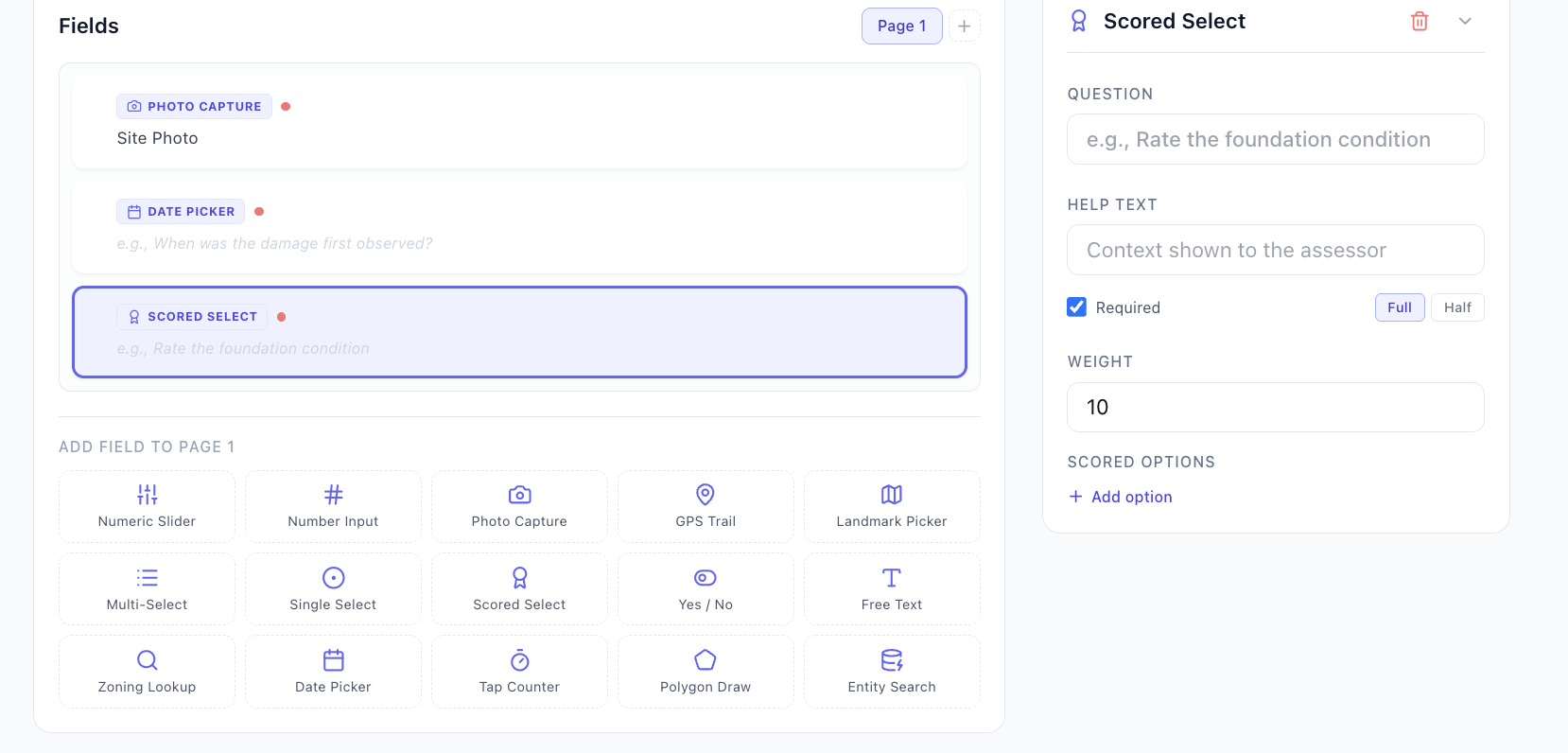 CrowdForge survey builder showing drag-and-drop field types, scoring options, and reward settings