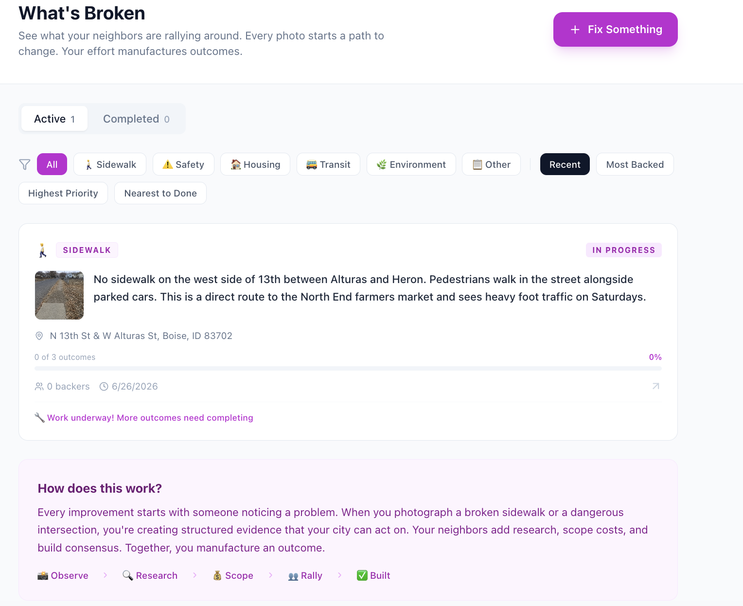 CrowdForge rally board showing active community issues with category filters, photos, and progress tracking